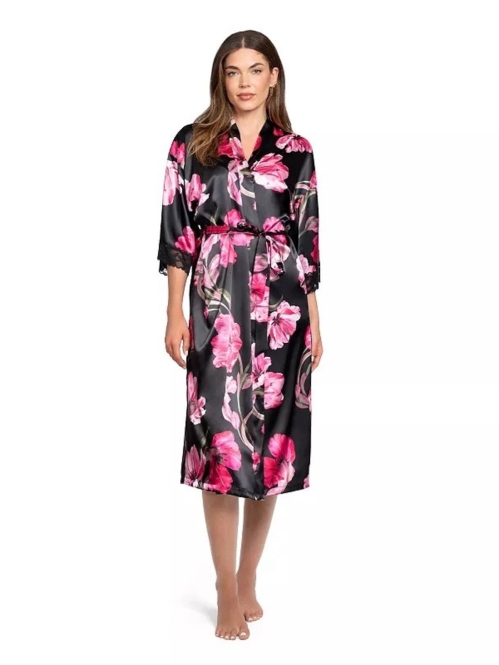 NWT Women's Lilac + London Floral Print Pink and Black Midi Wrap Robe L